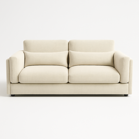 “Front view of the SoftLine Cozy 2-Seater Sofa in textured beige fabric with lumbar pillows and rounded black legs.”