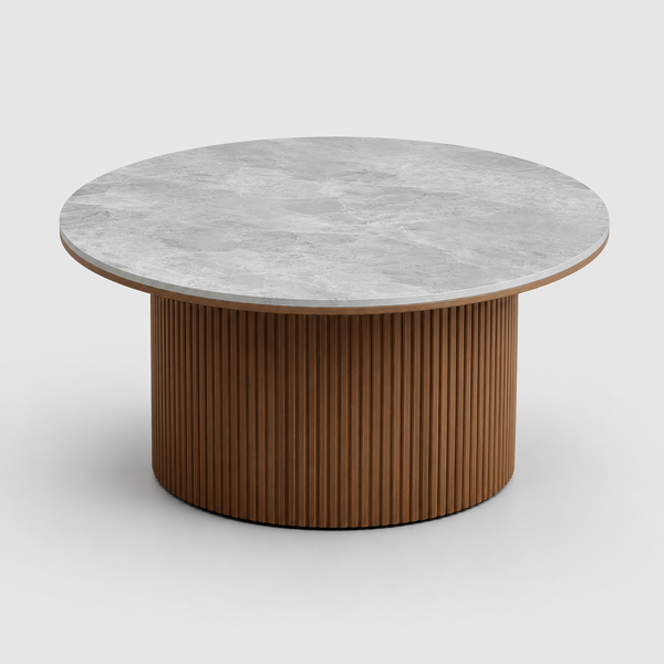 Round coffee table with a gray marble top and wooden base on a white background