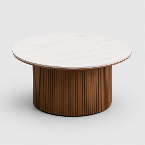 Round coffee table with marble top and wooden base on a white background